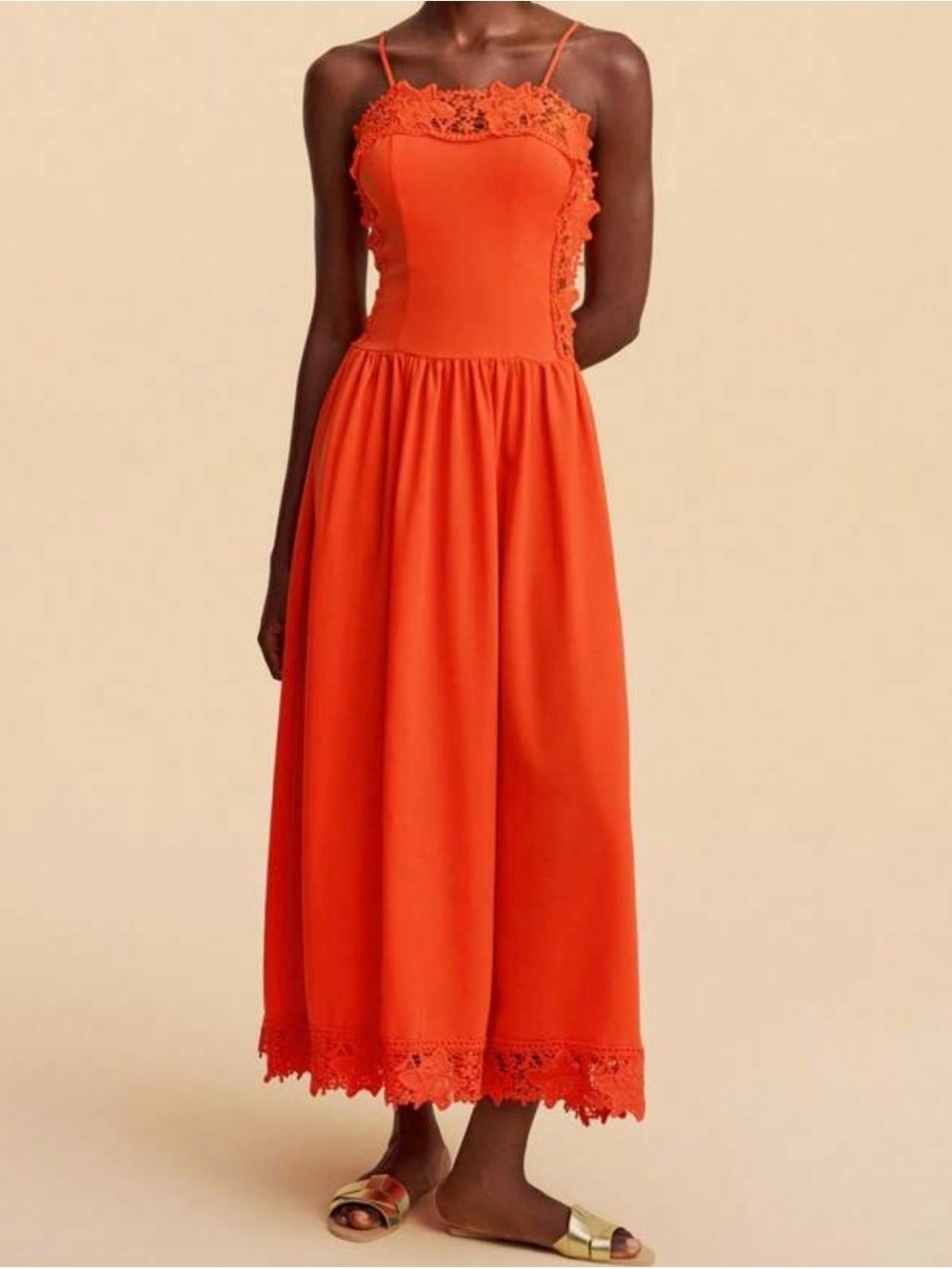 Sleeveless Orange Lace-Trim Midi Dress